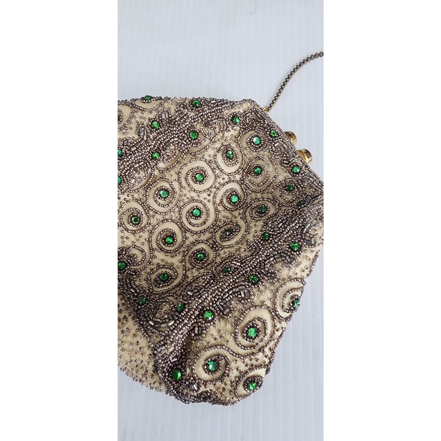 Vintage 30s Beaded Evening Bag Green Rhinestone Scrollwork