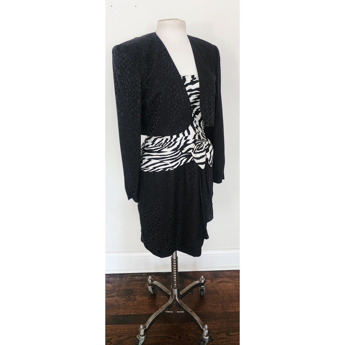 Vintage 1980s AJ Bari Strapless Dress + Bolero Jacket Suit Set Zebra Print Black White Silk / M