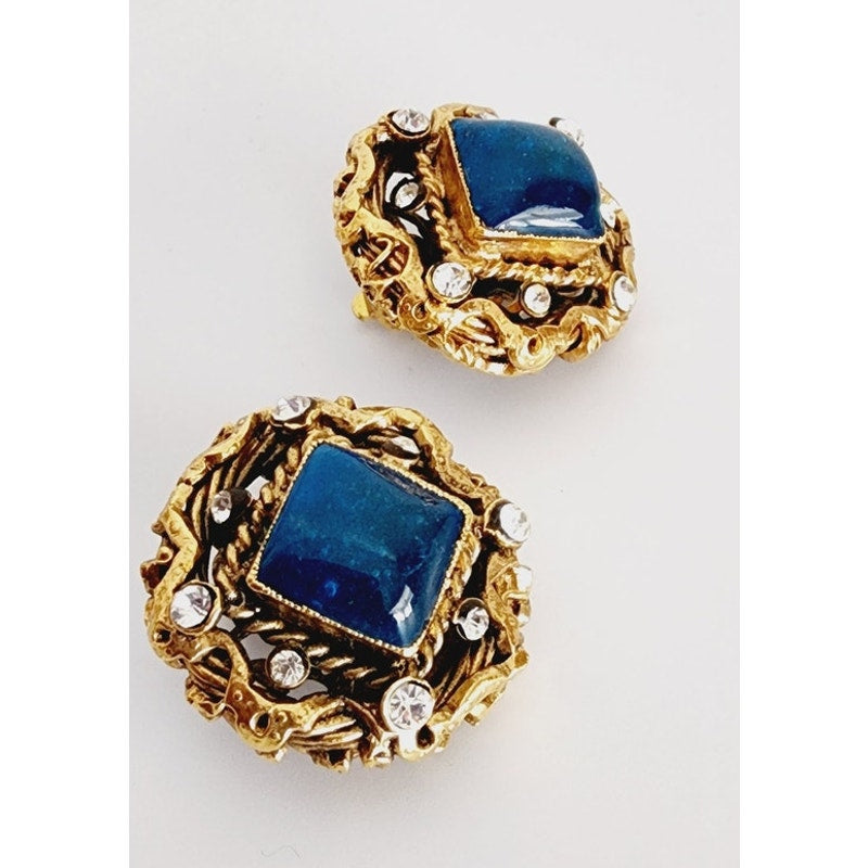 Vintage 90s Chanel Earring Clips Gripoix Blue Glass Byzantine Style A 96