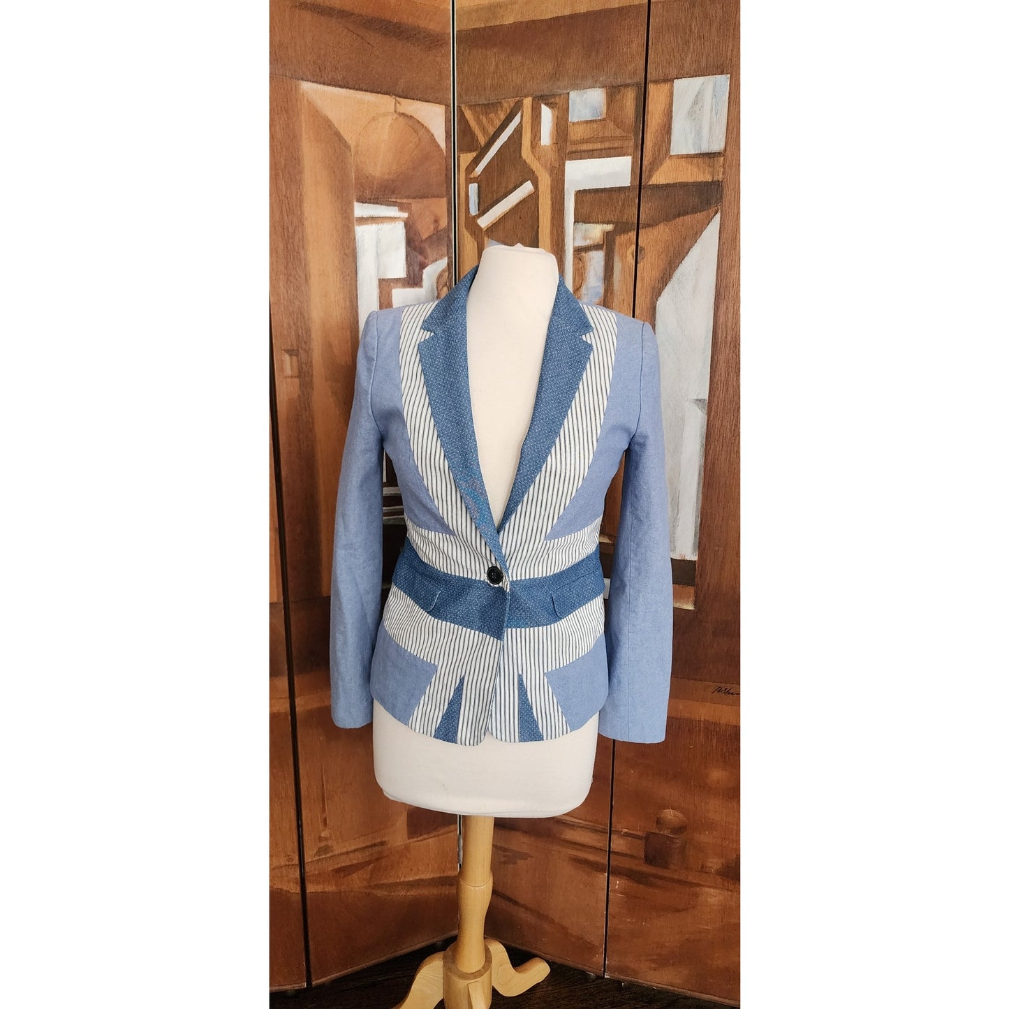 Jack Wills Blue and White Patchwork Denim Blazer, Fitted Single Button