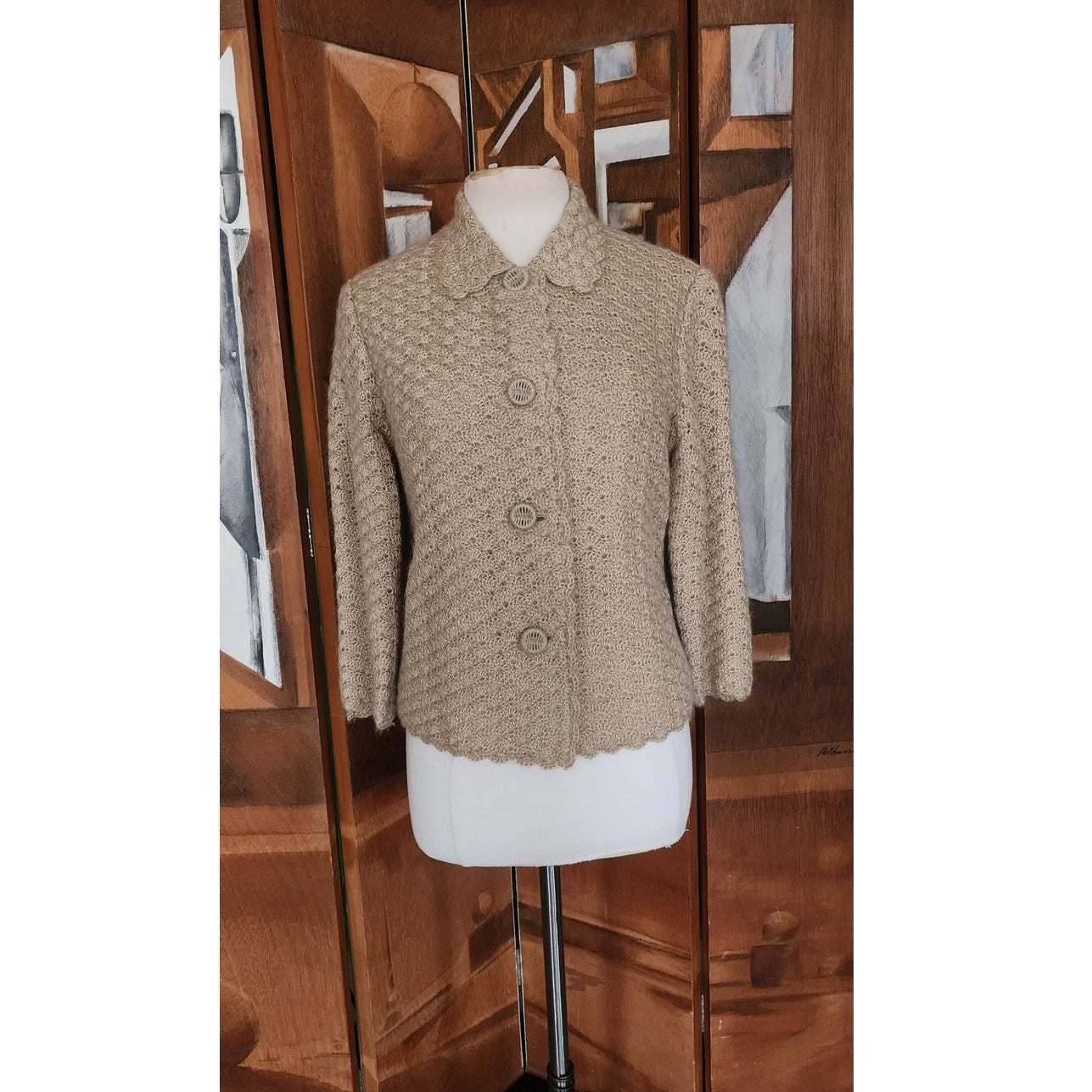 Vintage 60s Beige Knit Jacket Blazer Cardigan Stye / M