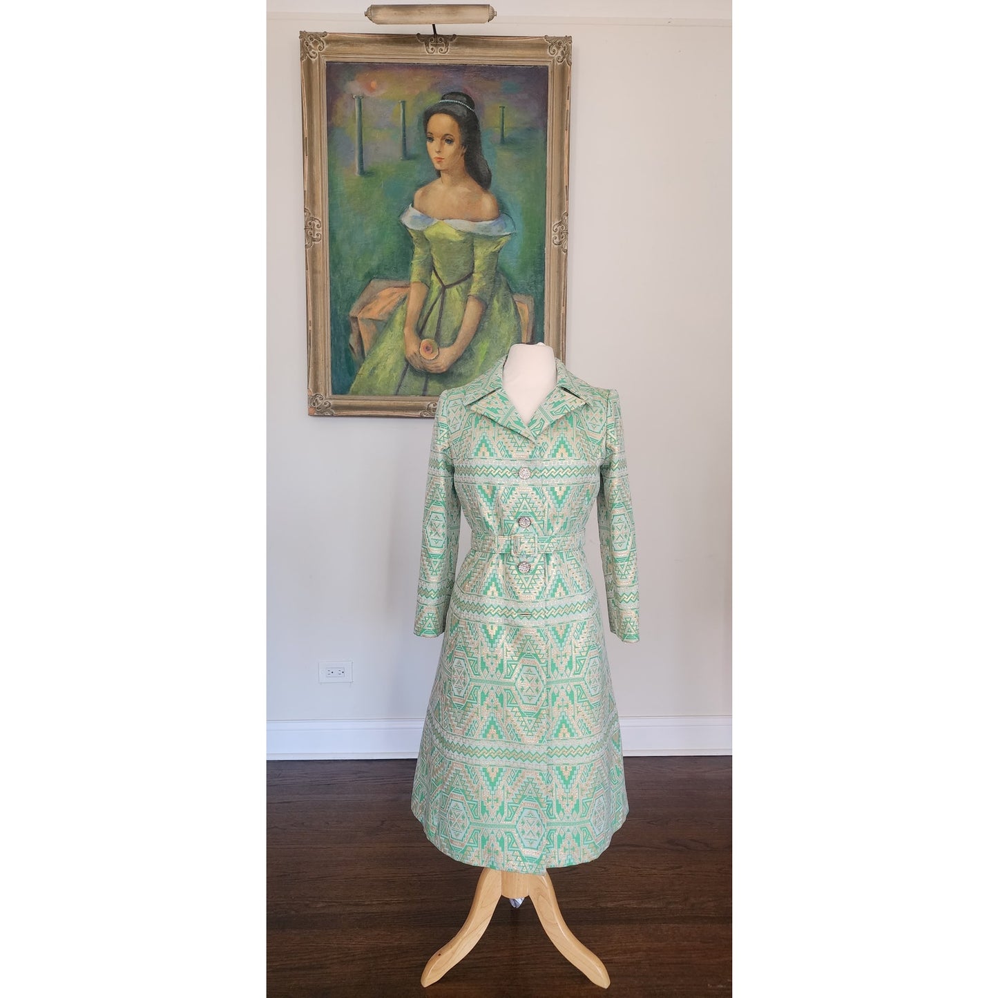 Vintage 1960s Belted Coat Mod Green Print Geometric Abstract Chas A Stevens