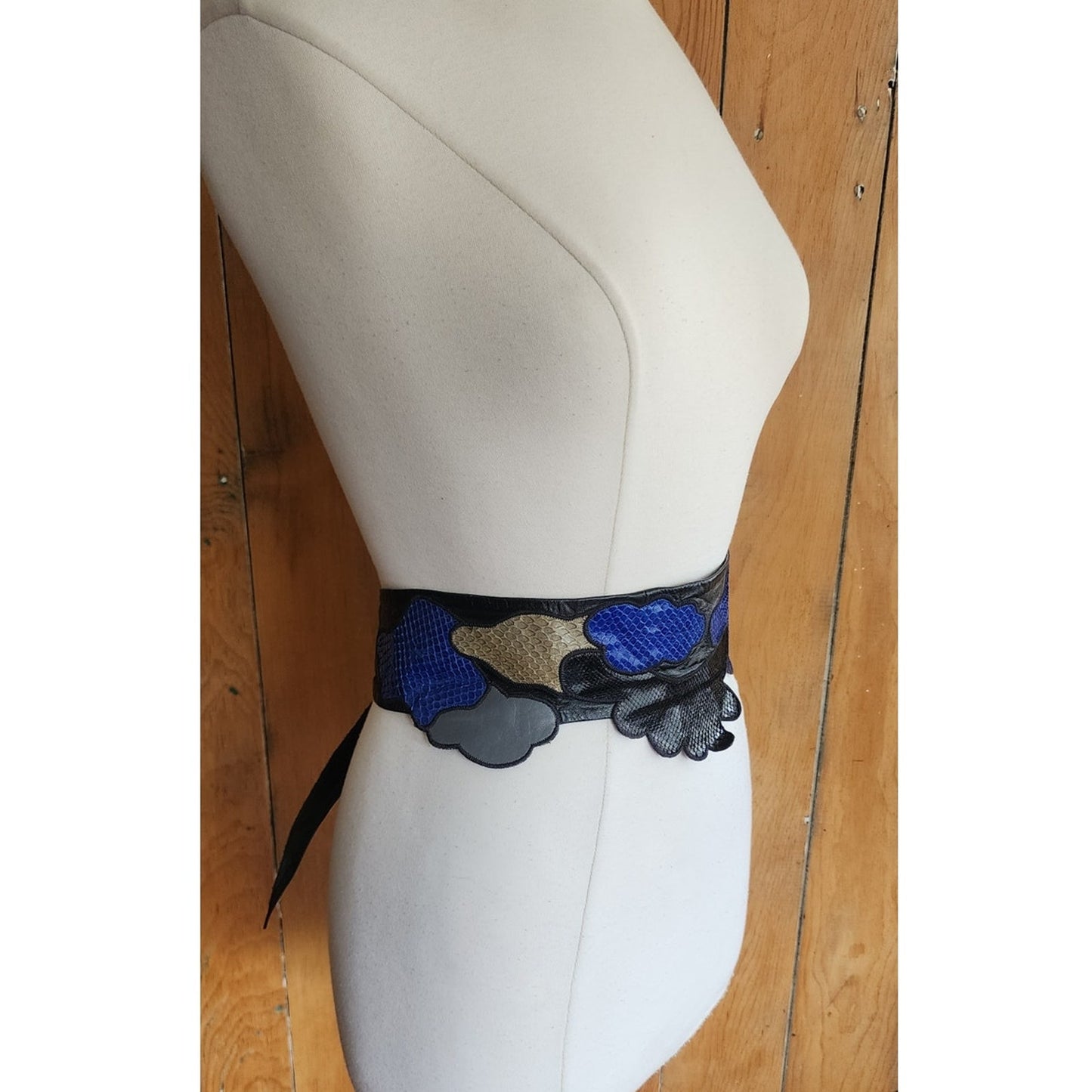 Vintage 1980s Belt Snakeskin Leather Blue Beige Black Sash Tie