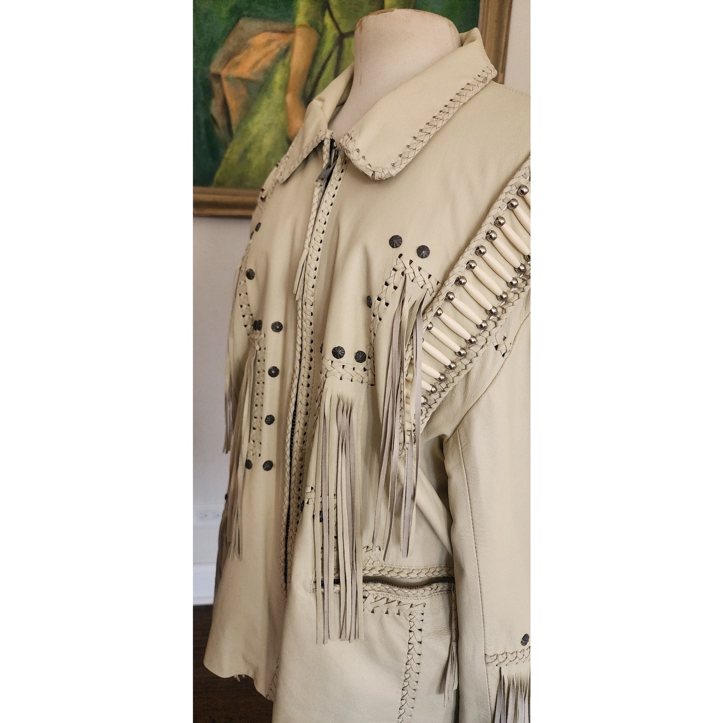 Vintage 1980s White Leather Jacket SUNRIDERS Fringe, Studs & Bone Beads XXL