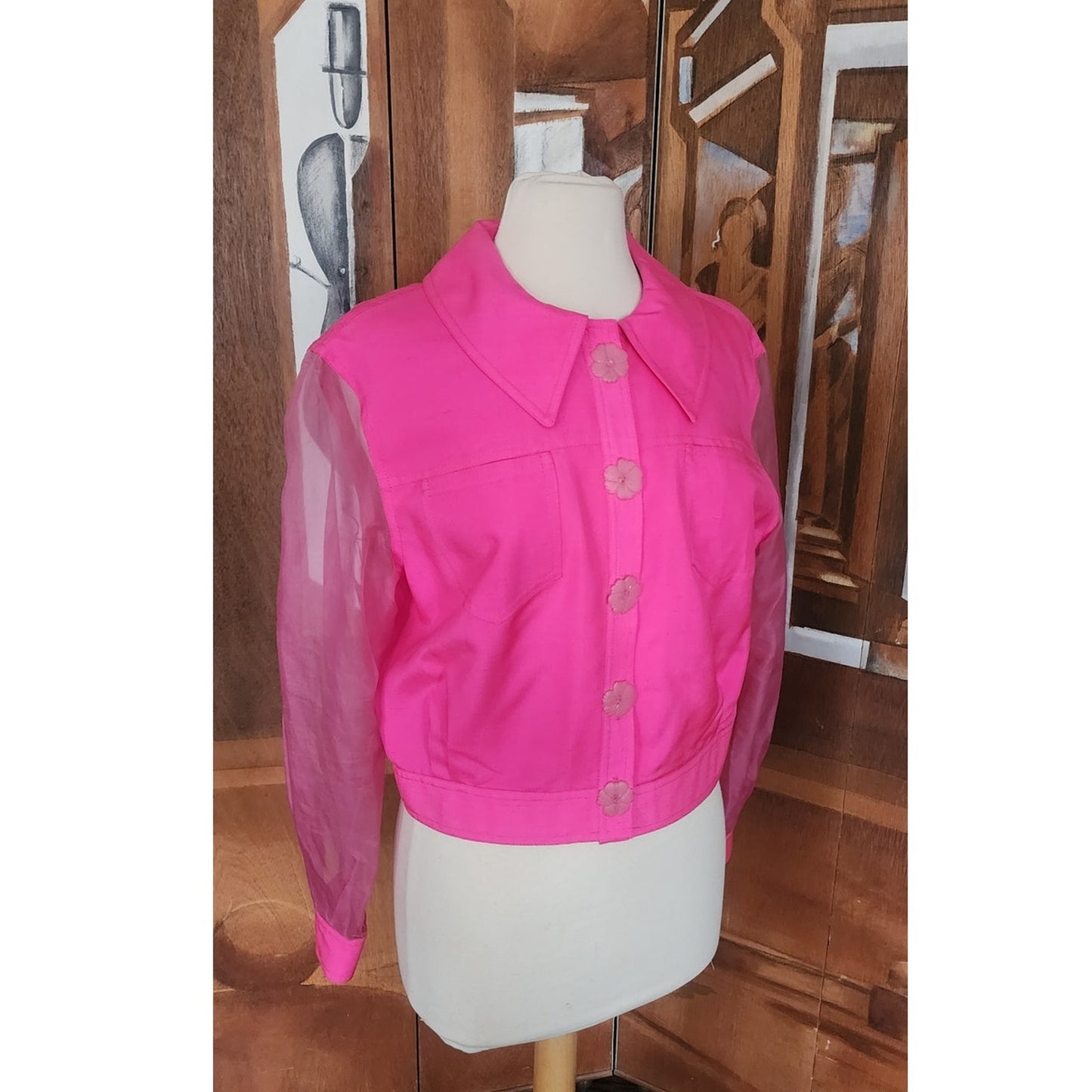 Vintage 90s Pink Silk Jacket Sheer Sleeves Flower Buttons Victoria March Chicago Designer