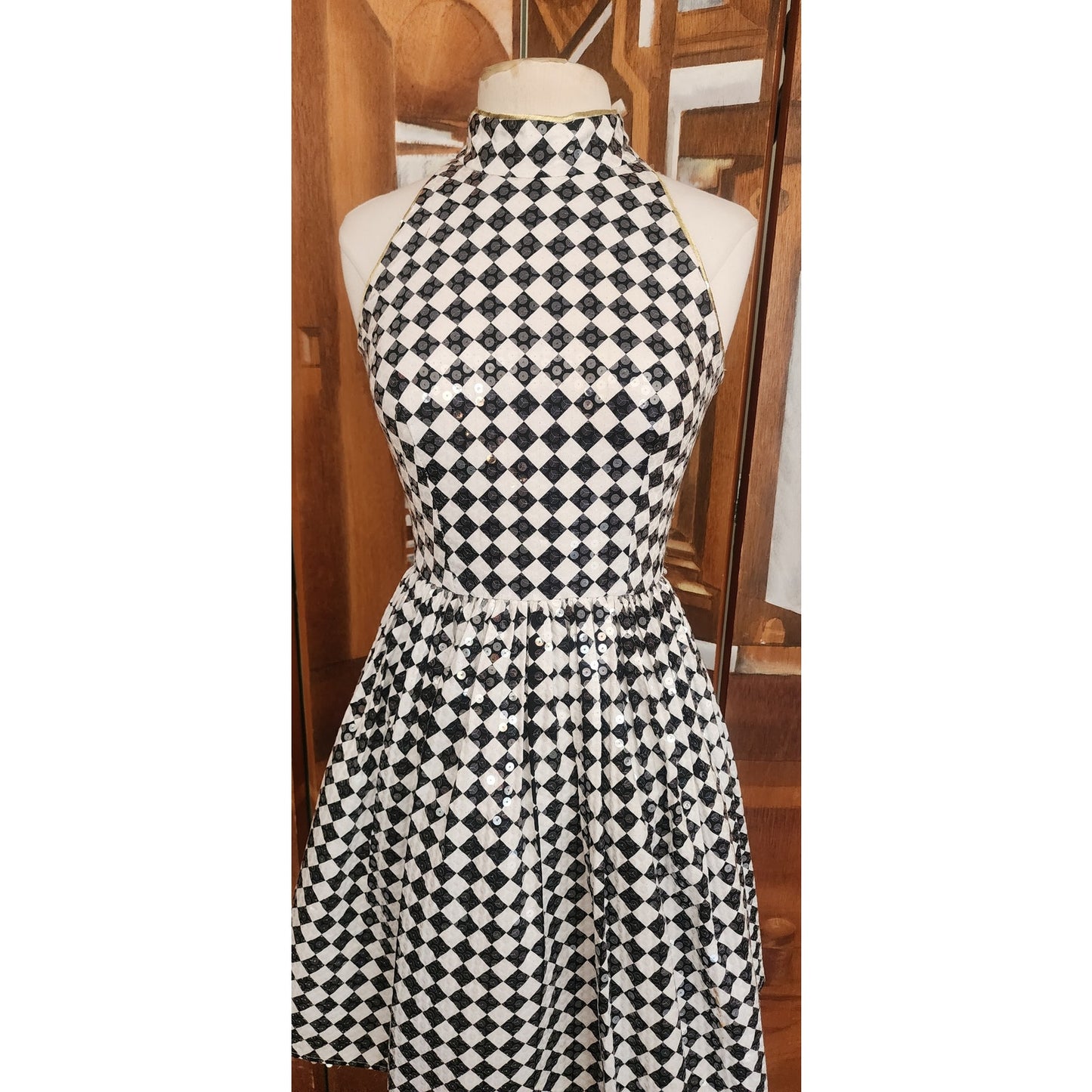 Vintage 80s Morton Myles Dress Mod Black White Checkerboard Print Sleeveless Shift Shiny Clear Sequins
