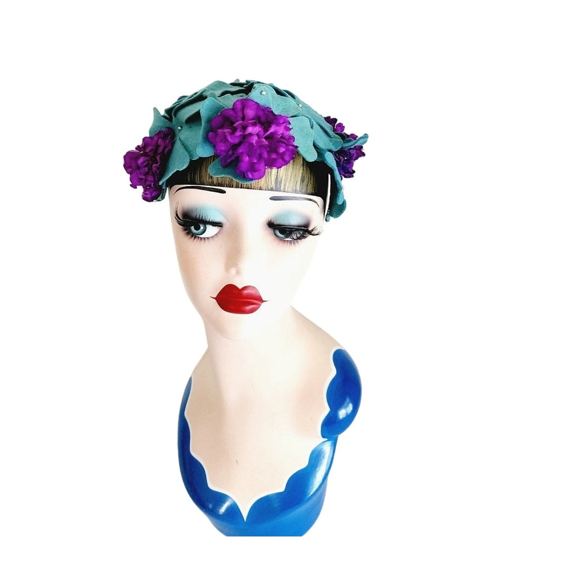 Vintage 50s Flower Hat Felt Petals Blue Purple Hattie Carnegie