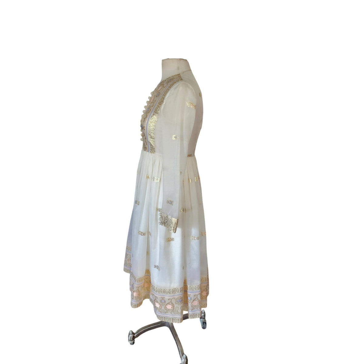 Vintage 1970s Boho Dress White Gold Brocade Embroidery Indian Style Chuck Howard