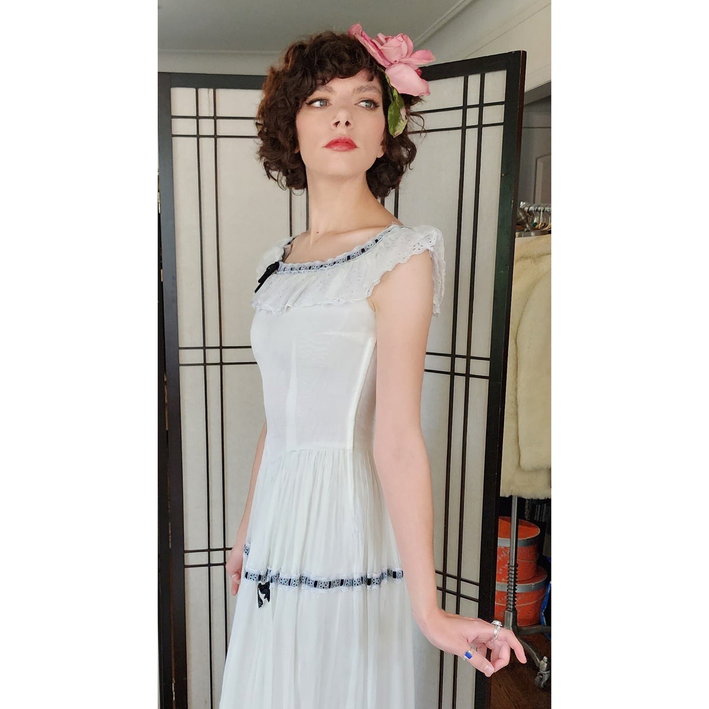 Vintage 30s White Ruffled Evening Dress Black Ribbon Trim