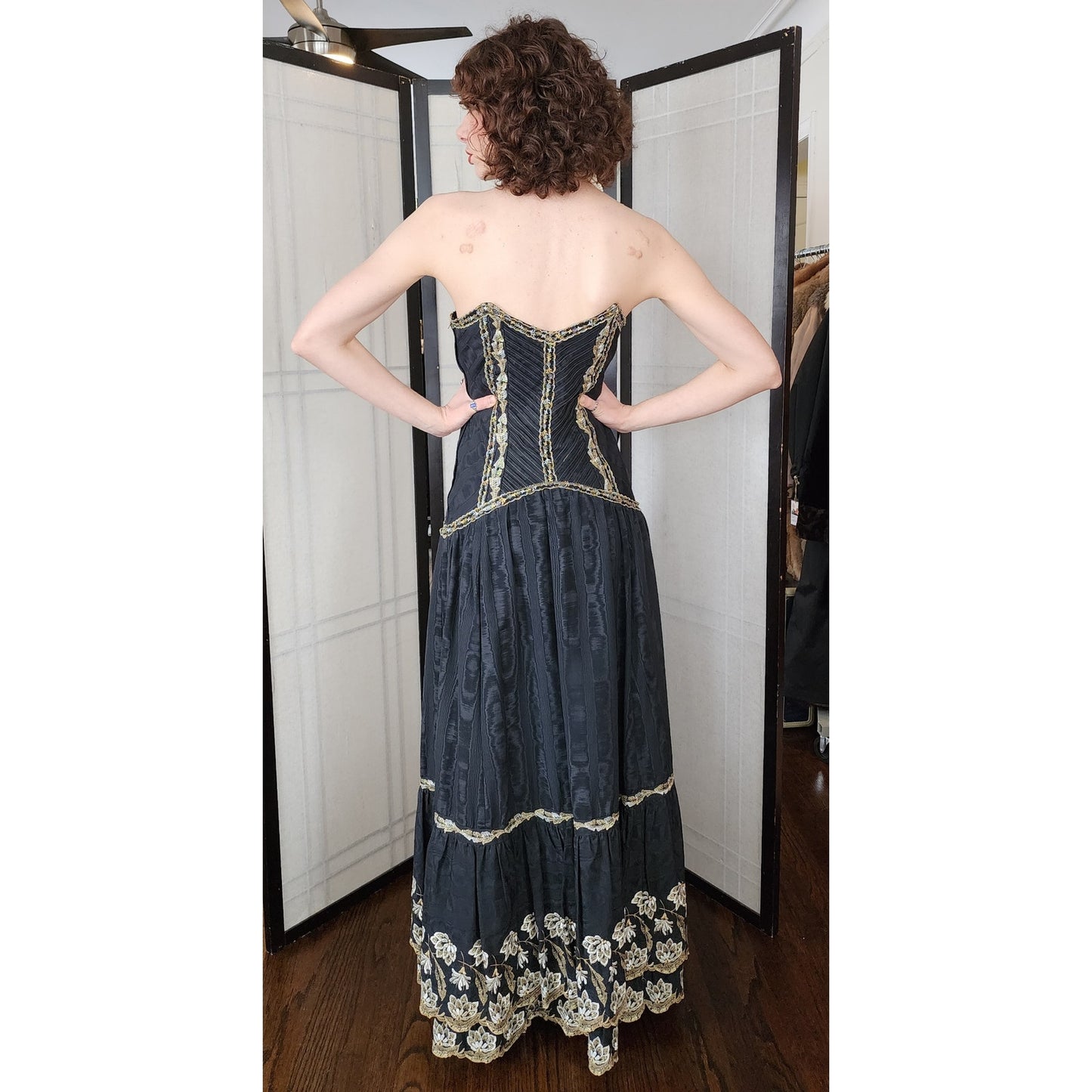 Vintage Strapless Evening Dress Black Gold Brocade Lace Trim