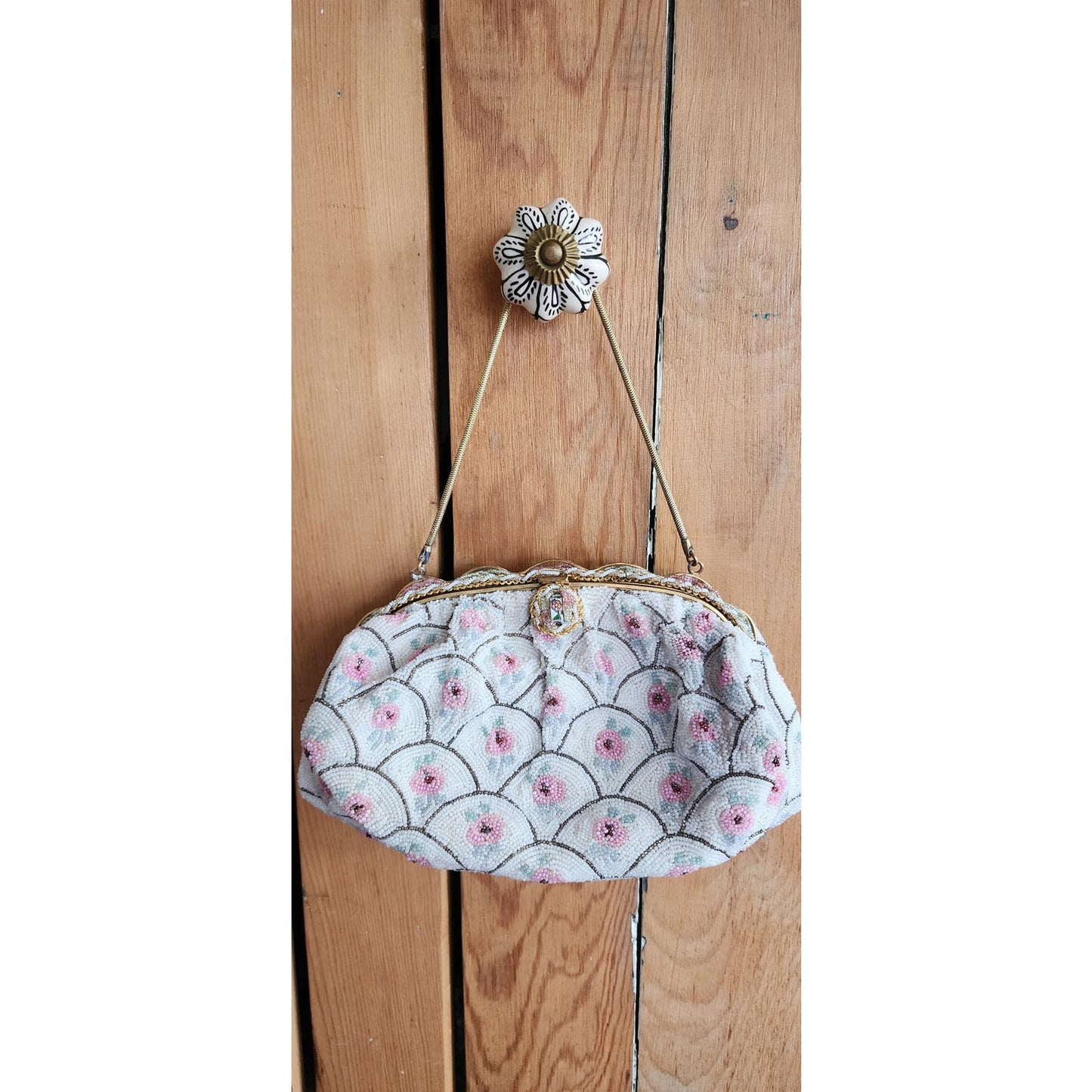 Vintage 50s Beaded Handbag Michel Swiss White Pastel French Purse Microbeading