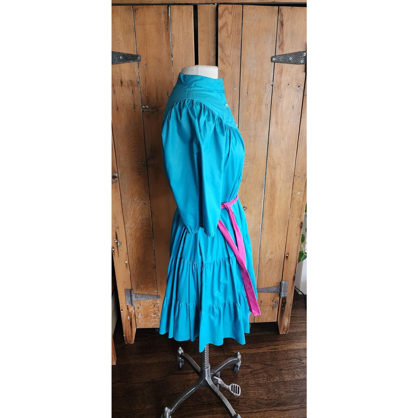 Vintage 80s Blue Day Dress Puffed Sleeves Pink Belt Betsy's Things