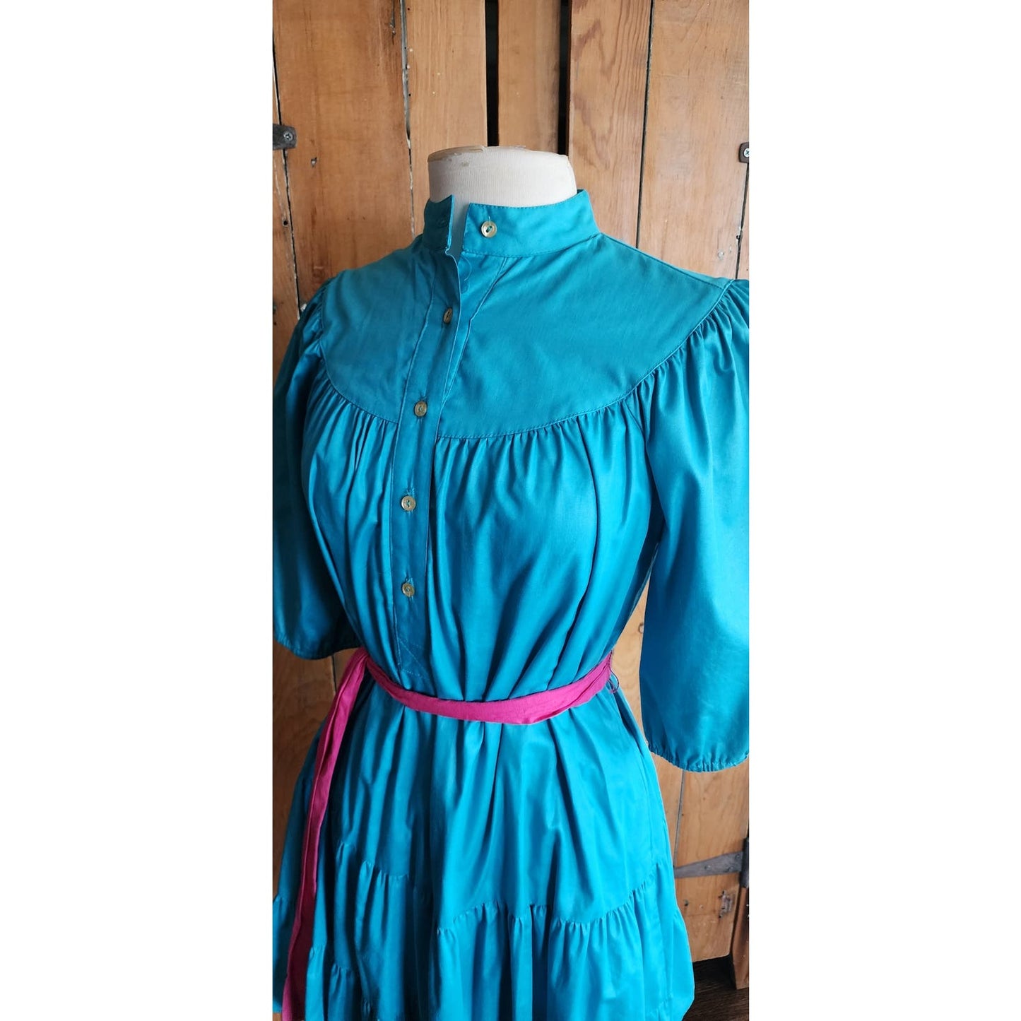 Vintage 80s Blue Day Dress Puffed Sleeves Pink Belt Betsy's Things