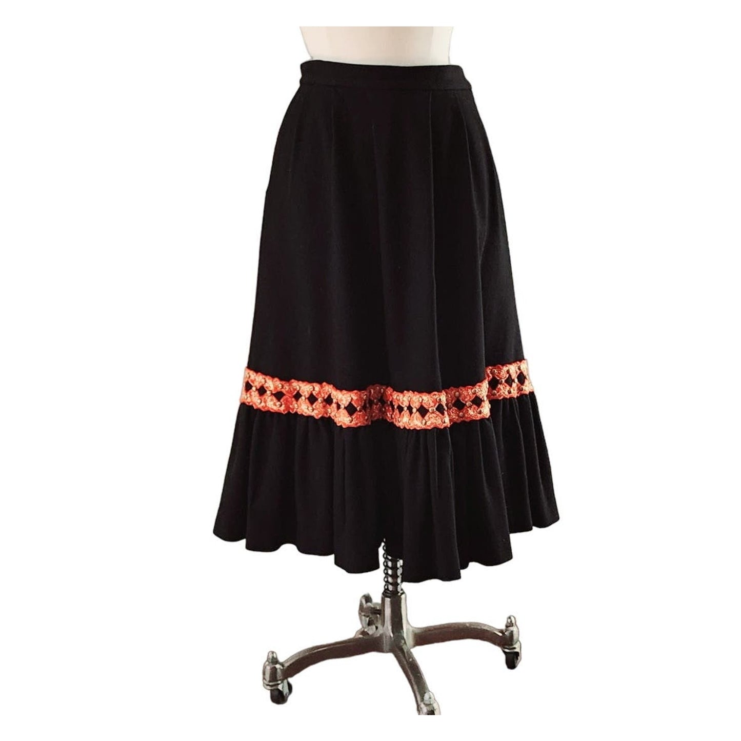 Vintage 40s Black Wool Peasant Skirt Red Gold Embroidery Cabana Sportswear