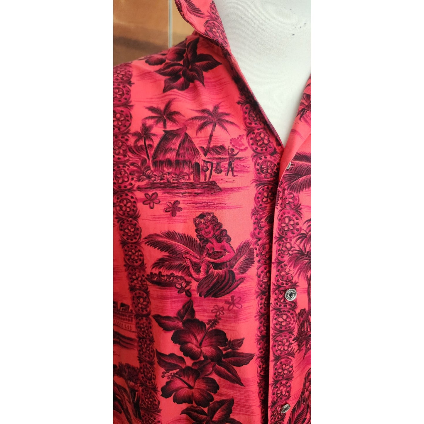 Vintage 60s Men's Red Hawaiian Shirt Surf Scenic Tiki Huts Cotton Short Sleeve