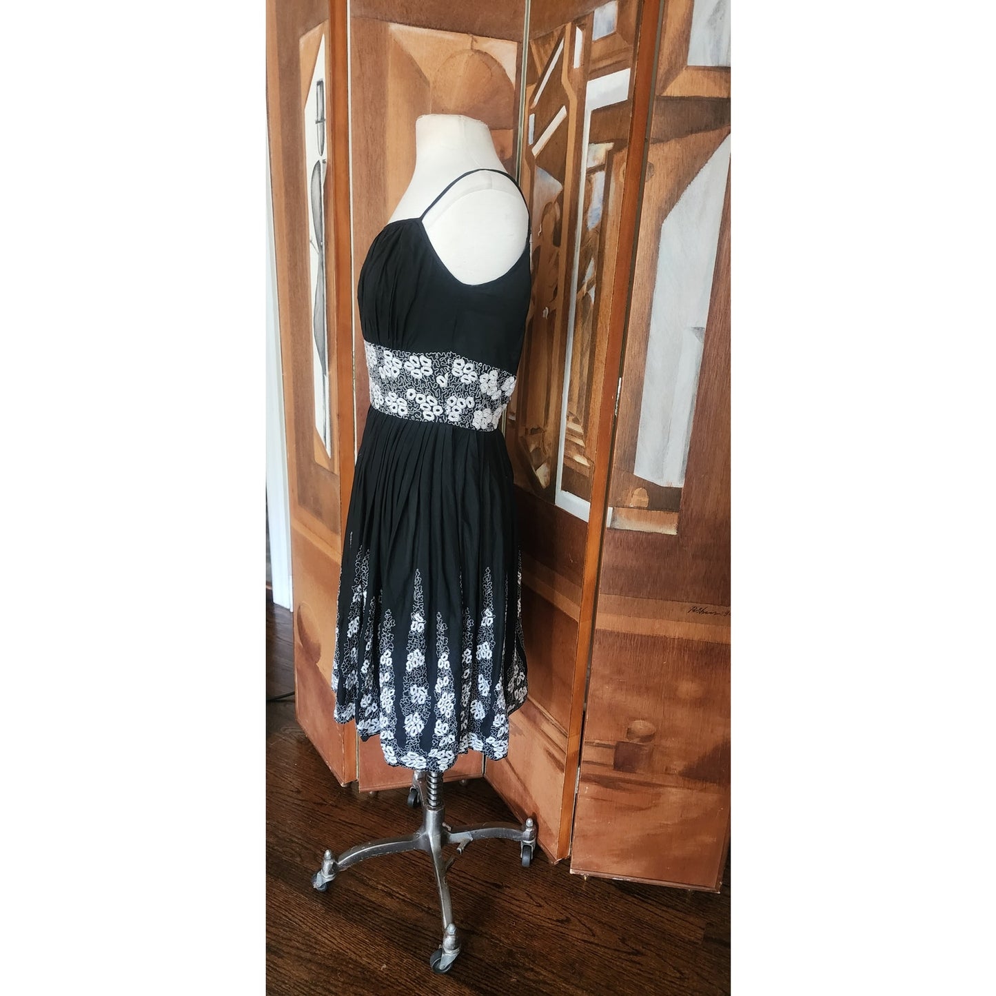 Vintage 1950s Patio Dress Black + White Embroidery Spaghetti Straps / S