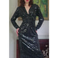 Vintage 1980s Black Sequined Evening Dress Oleg Cassini / M