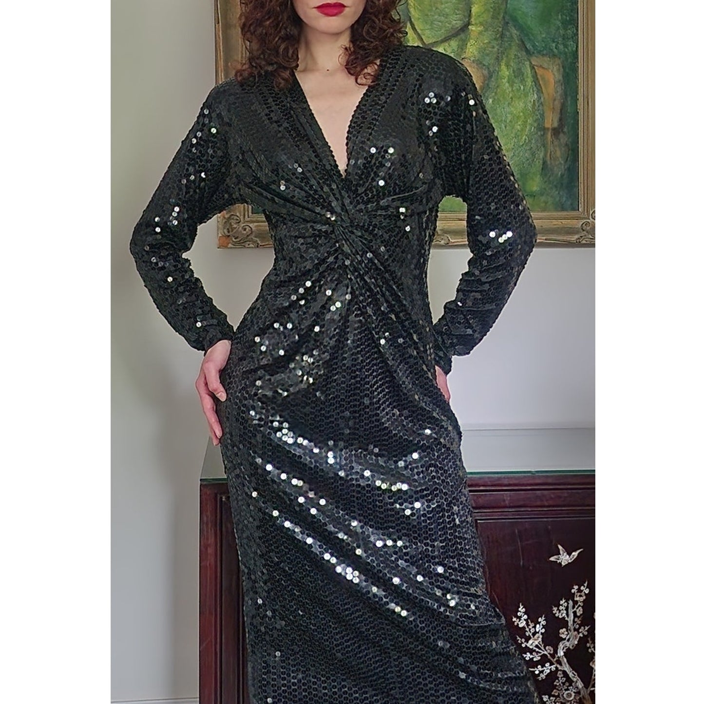 Vintage 1980s Black Sequined Evening Dress Oleg Cassini / M