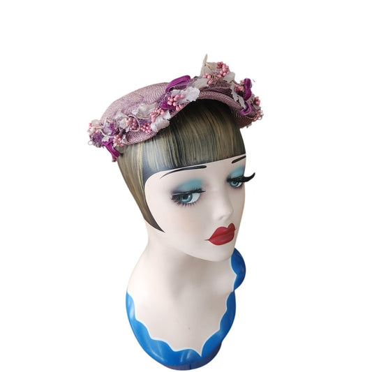 Vintage 50s Purple Straw Floral Cocktail Hat by Edythe Summer Nymph Fairycore