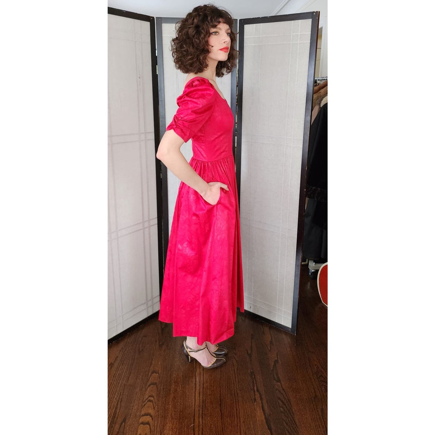 Vintage 80s Red Laura Ashley Dress Subtle Gold Floral Print Puffed Sleeves