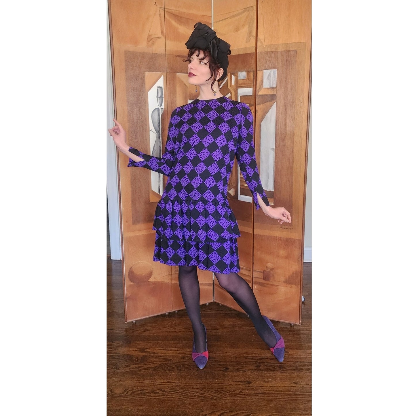 Vintage 1980s GIVENCHY Silkprint Dress Purple Black Harlequin Diamonds Long Sleeved