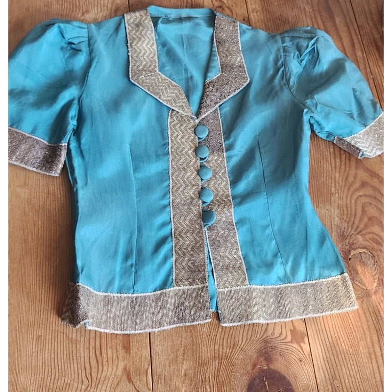 Vintage 30s Pants Top Set Play Suit Playwear Blue Silk, Silver Embroidery