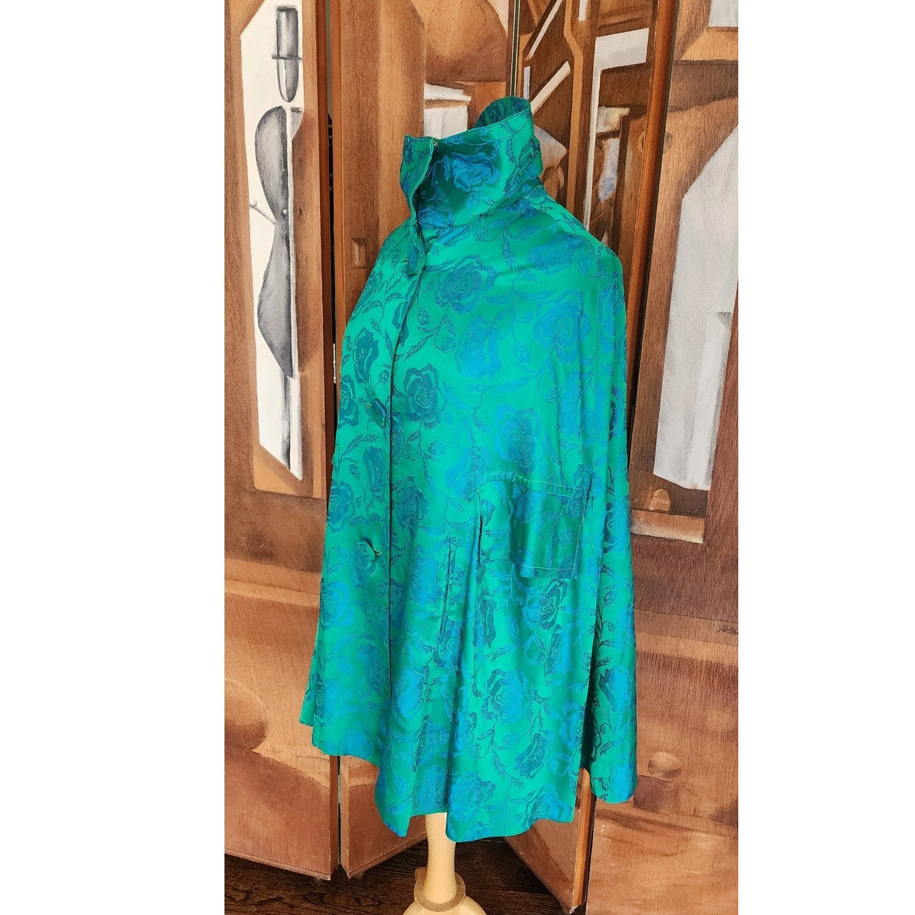 Vintage 60s Swing Coat Short Cape Style Jacket Blue Floral Brocade