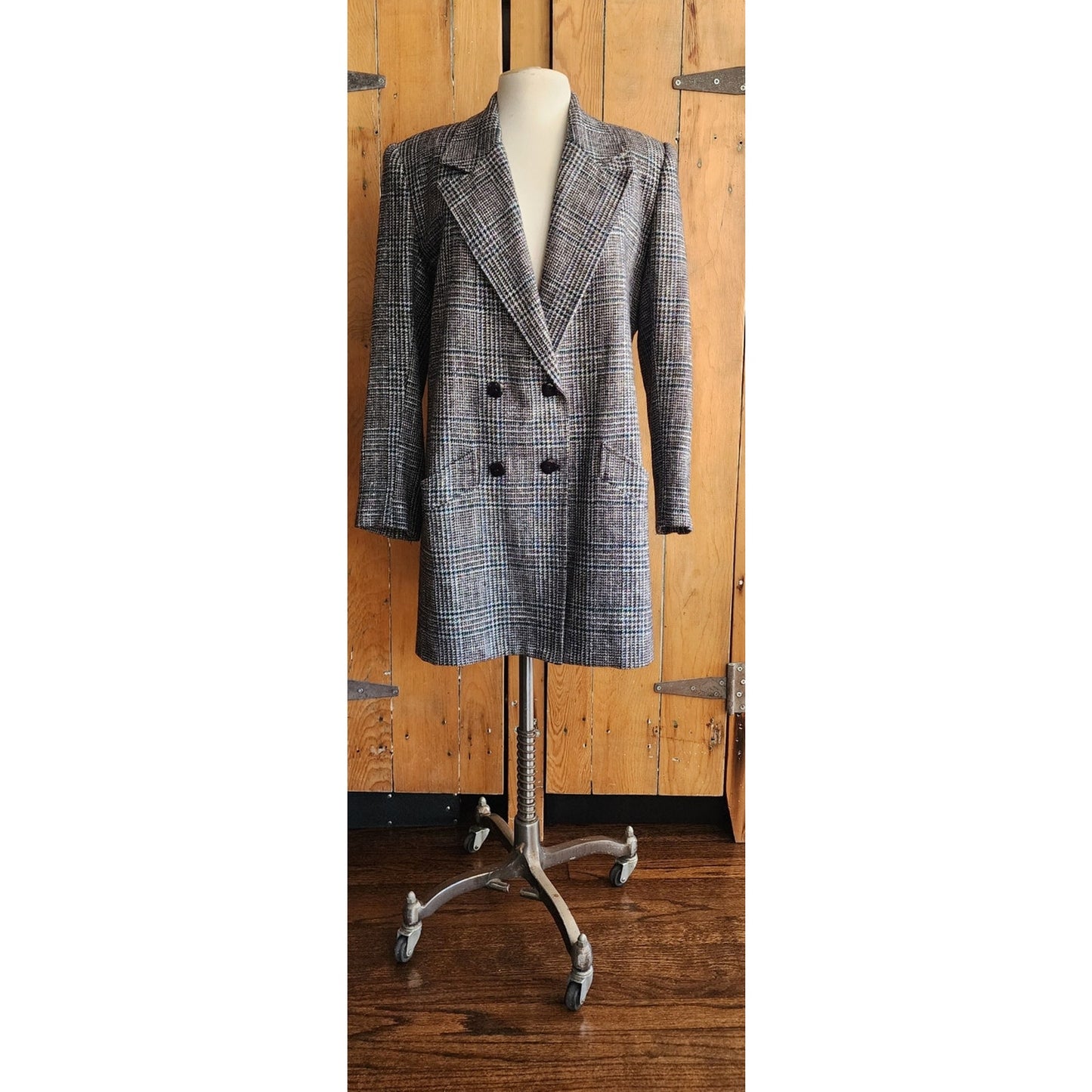 Vintage 1980s Long Blazer Lilli Ann Houndstooth Wool Jacket Gray Black
