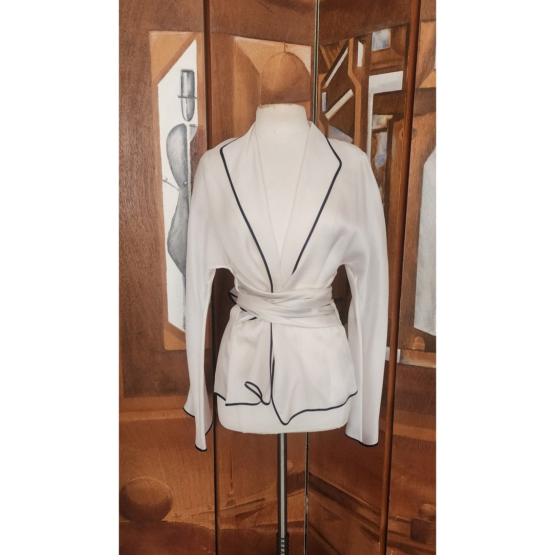 Vintage 1990s Sheer White Blazer w/Black Trim Sash Tie Belt