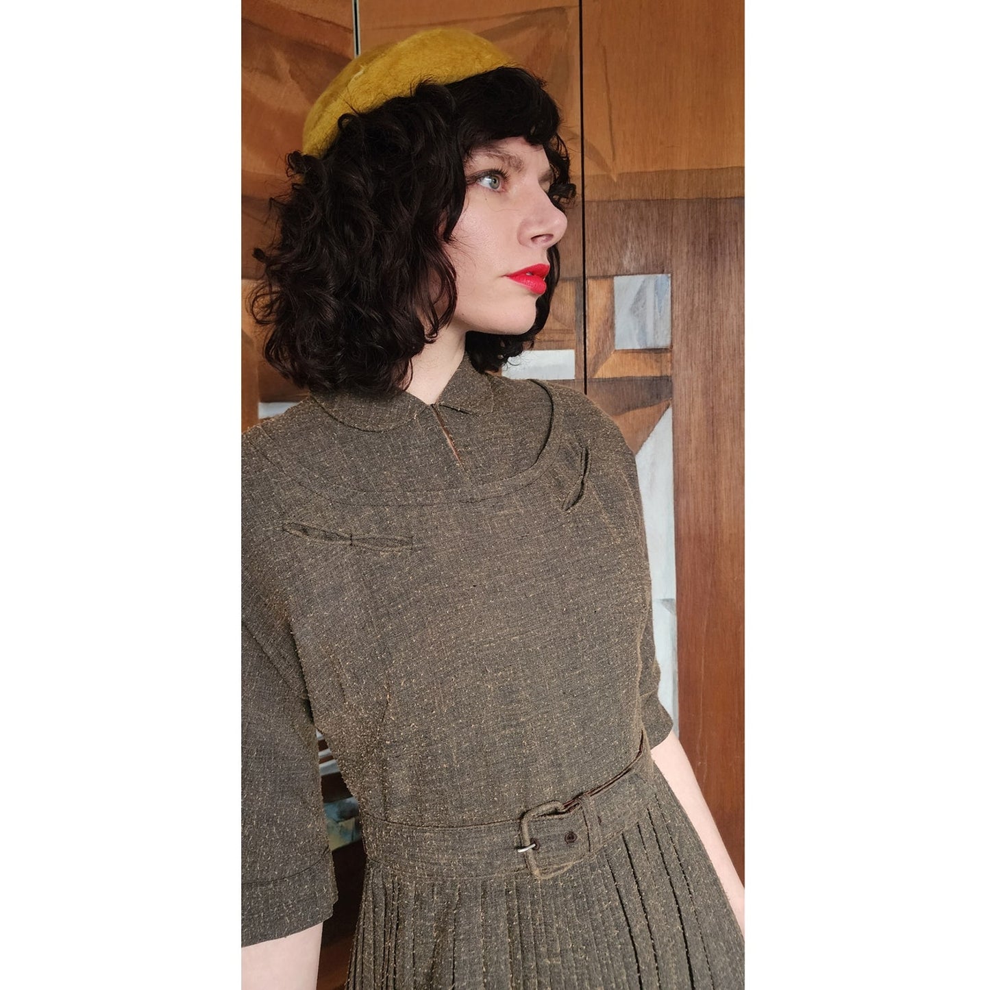 Vintage 40s Day Dress Textured Belted Brown Olive Green Kabro of Houston