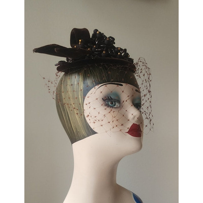 Vintage 1950s Hat Chanda Brown Beaded Velvet Asymmetrical Fascinator Bonwit Teller