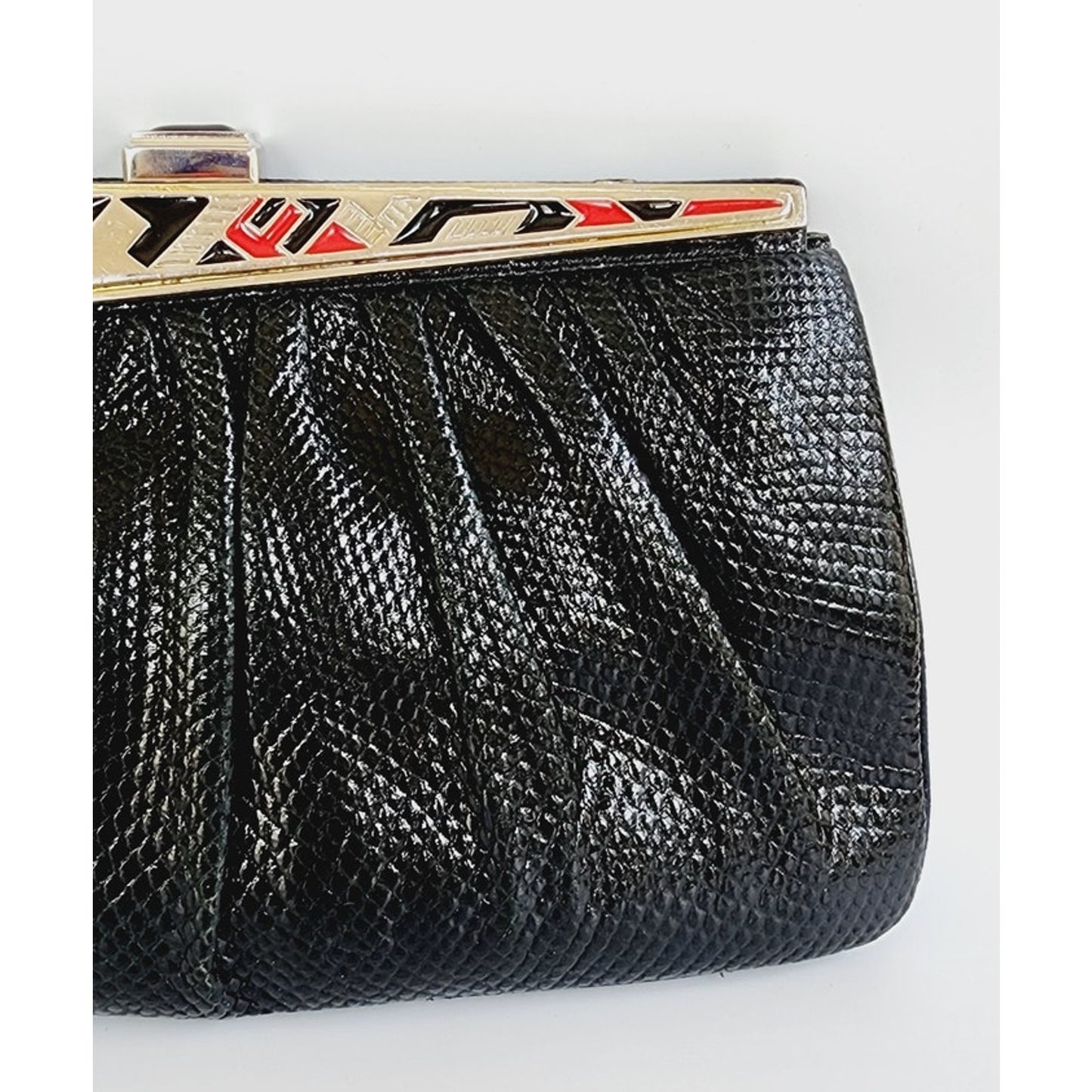 Vintage1980s Judith Leiber Bag Black Lizard w/Enamel Art Deco Panel