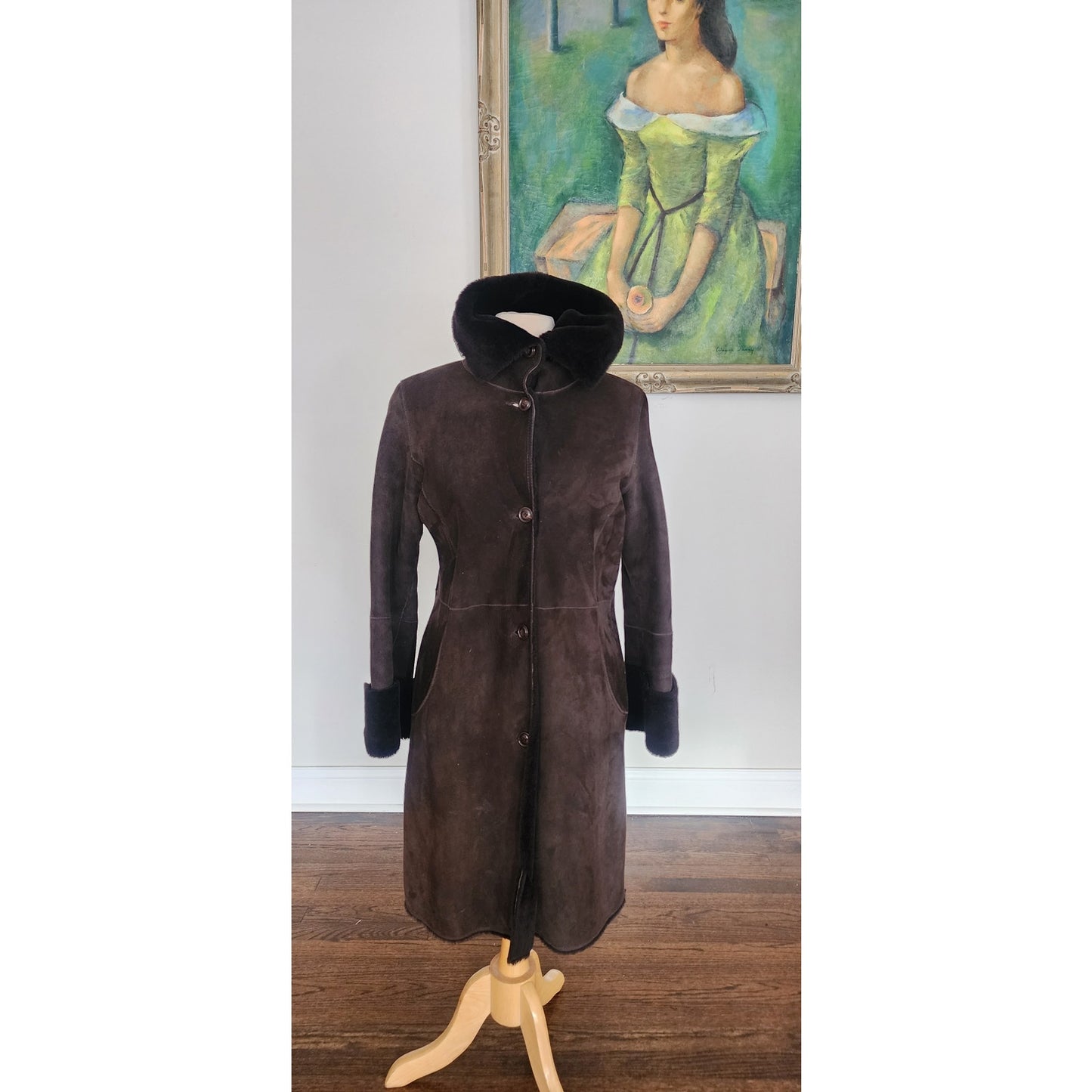 Vintage Cole Haan City Shearling Coat Brown Suede Sheepskin Parka Small