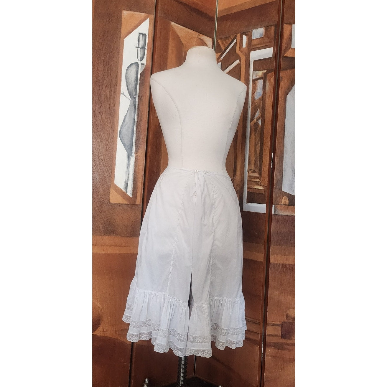 Antique White Cotton Bloomers Underwear Pantaloons Open Crotch Lace Trim