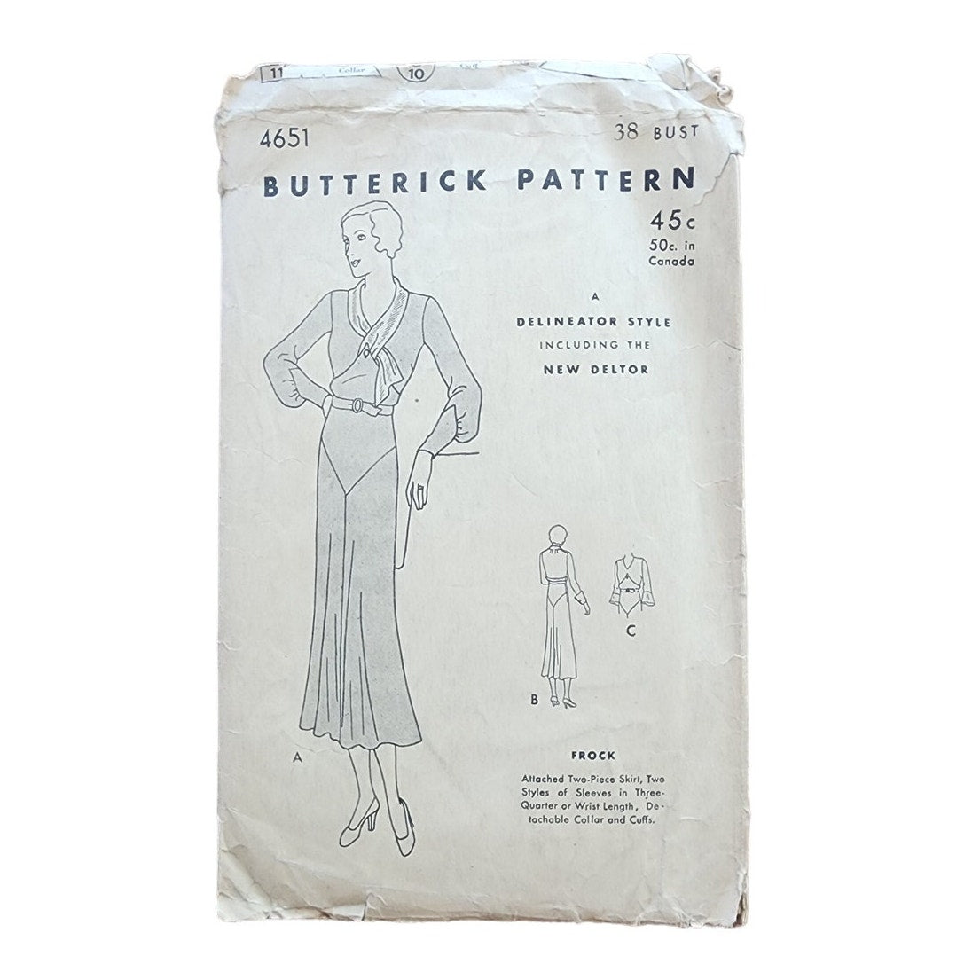 Vintage 30s Dress Sewing Pattern:  Butterick 4651 Bust 38 Frock Detachable Collar