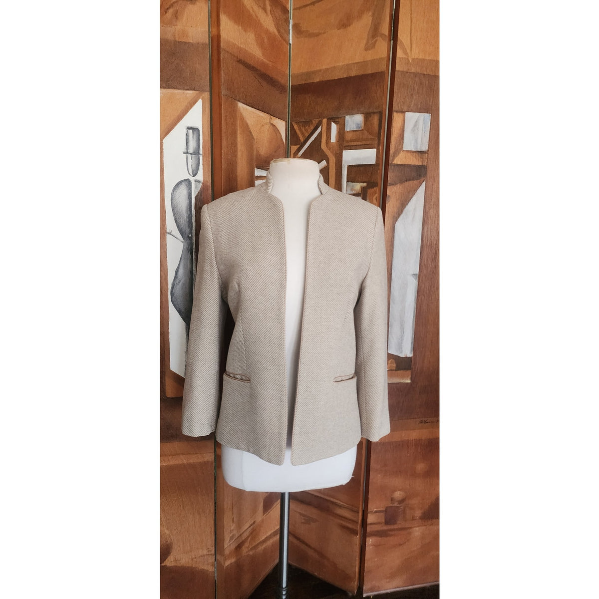 Vintage 1970s Bally Blazer Beige Wool Band Collar Jacket Medium