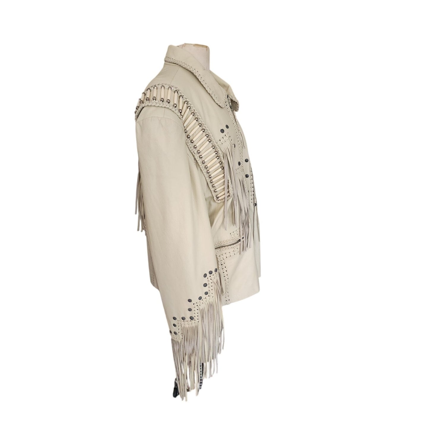 Vintage 80s White Leather Jacket SUNRIDERS Fringe, Studs & Bone Beads XXL