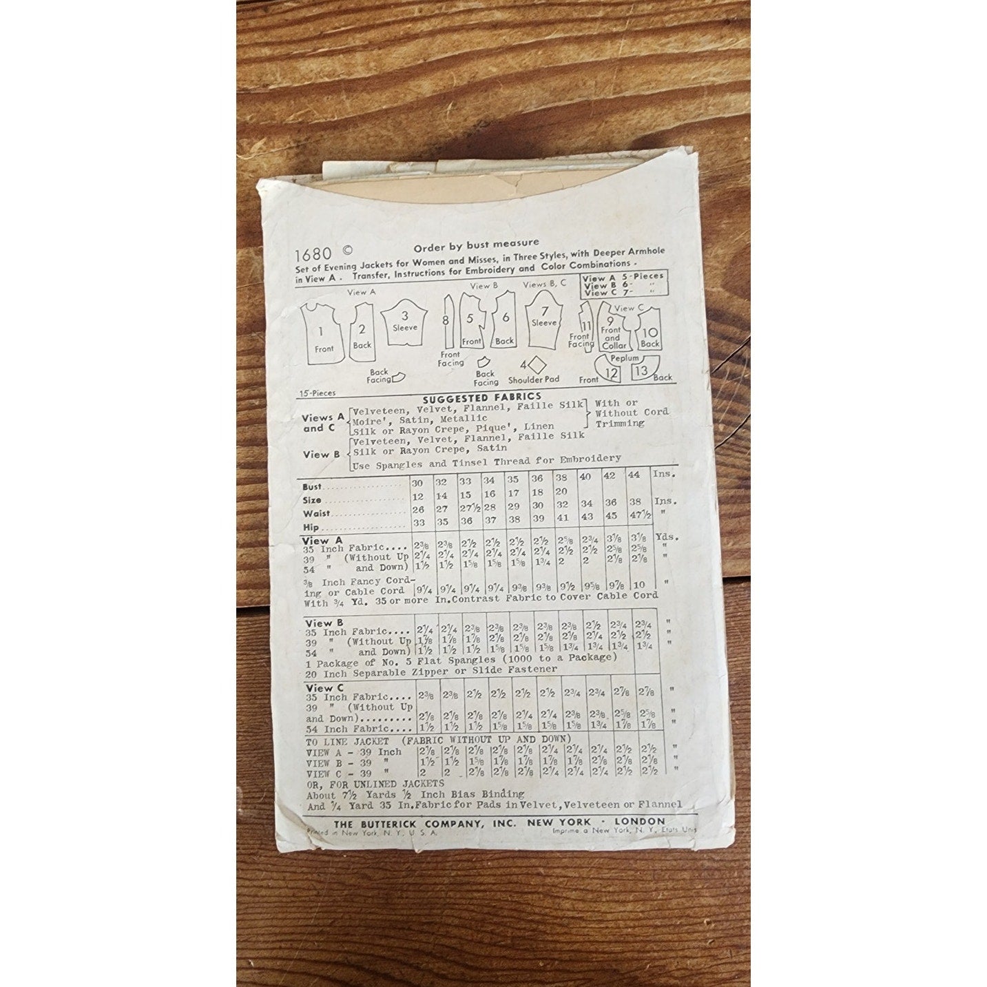 Vintage 40s Sewing Pattern: Womens Evening Jacket Butterick 1680