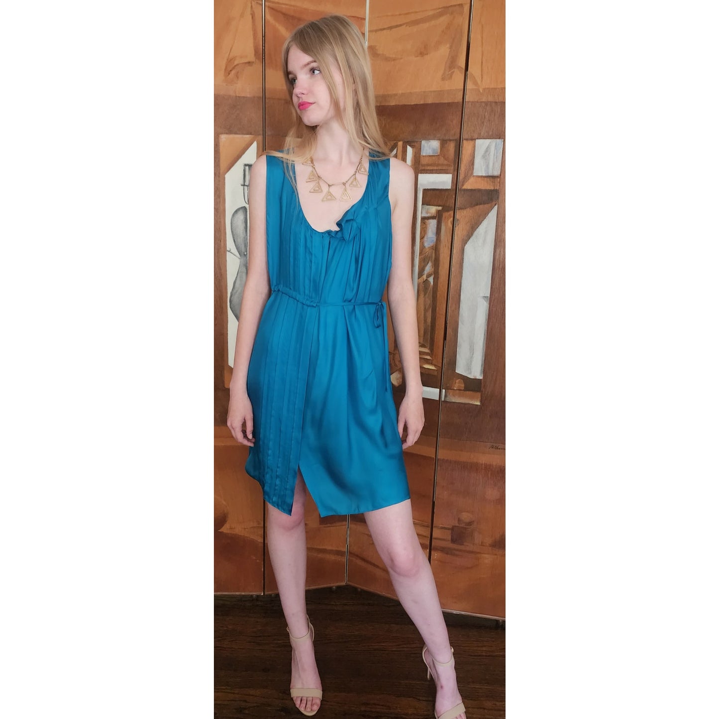 Vintage 2000s Chloe Party Dress Sleeveless Blue Silk Asymmetrical Tie NEW w/Tags