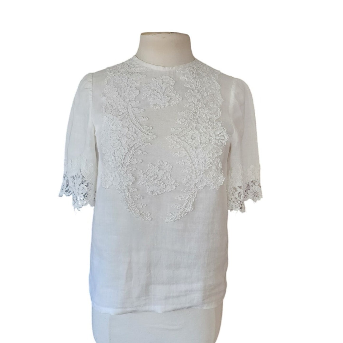 Vintage White Linen Blouse w/Lace Applique Short Sleeves / S-M