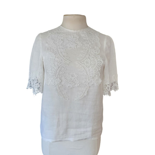 Vintage White Linen Blouse w/Lace Applique Short Sleeves / S-M