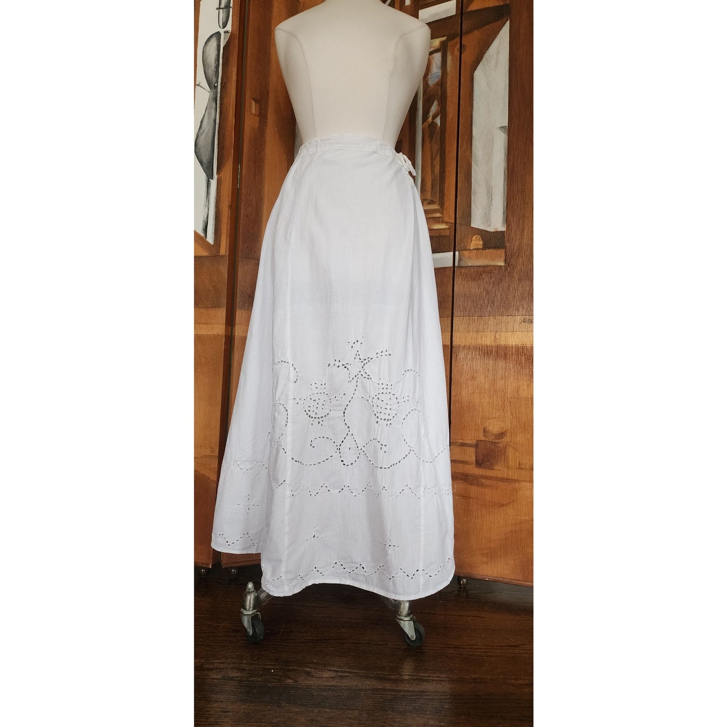 Antique Edwardian Embroidered Petticoat Skirt Underskirt White Cotton Drawstring Waist L