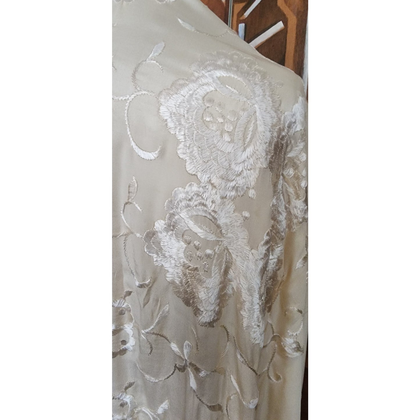 Vintage 1920s Piano Shawl Ivory Silk Embroidered Long Macrame Fringe Manila Evening Wrap