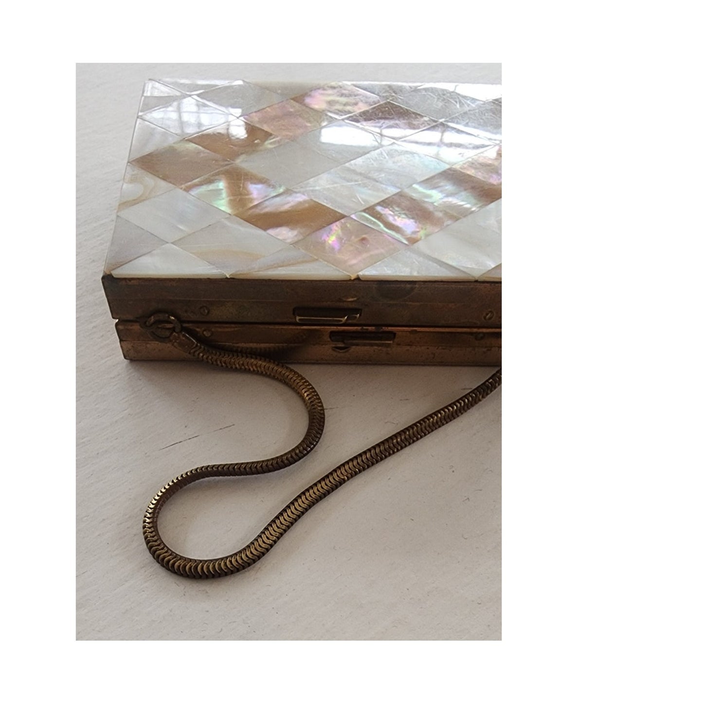 Vintage 50s Compact Purse Makeup Case Mother of Pearl