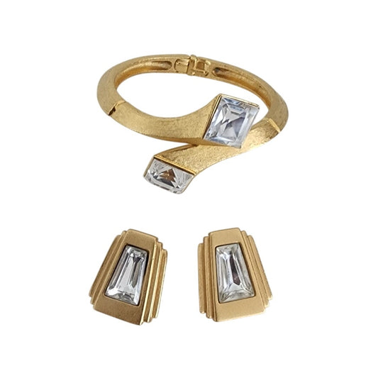 Vintage Art Deco Style Bracelet Clip Earrings Set Gold w/Clear Cut Glass