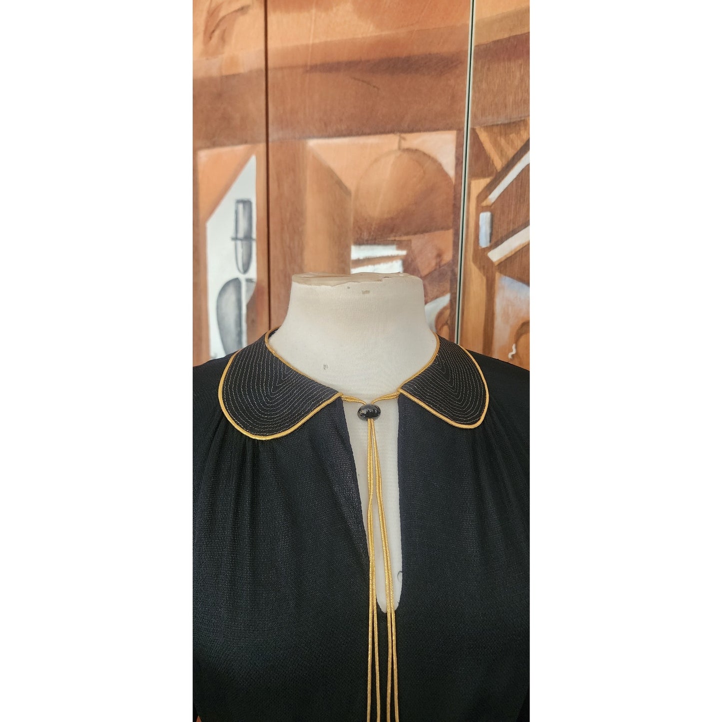 Vintage 1970s Geoffrey Beene Set Black Jersey Blouse Maxi Skirt Gold Trim Boho