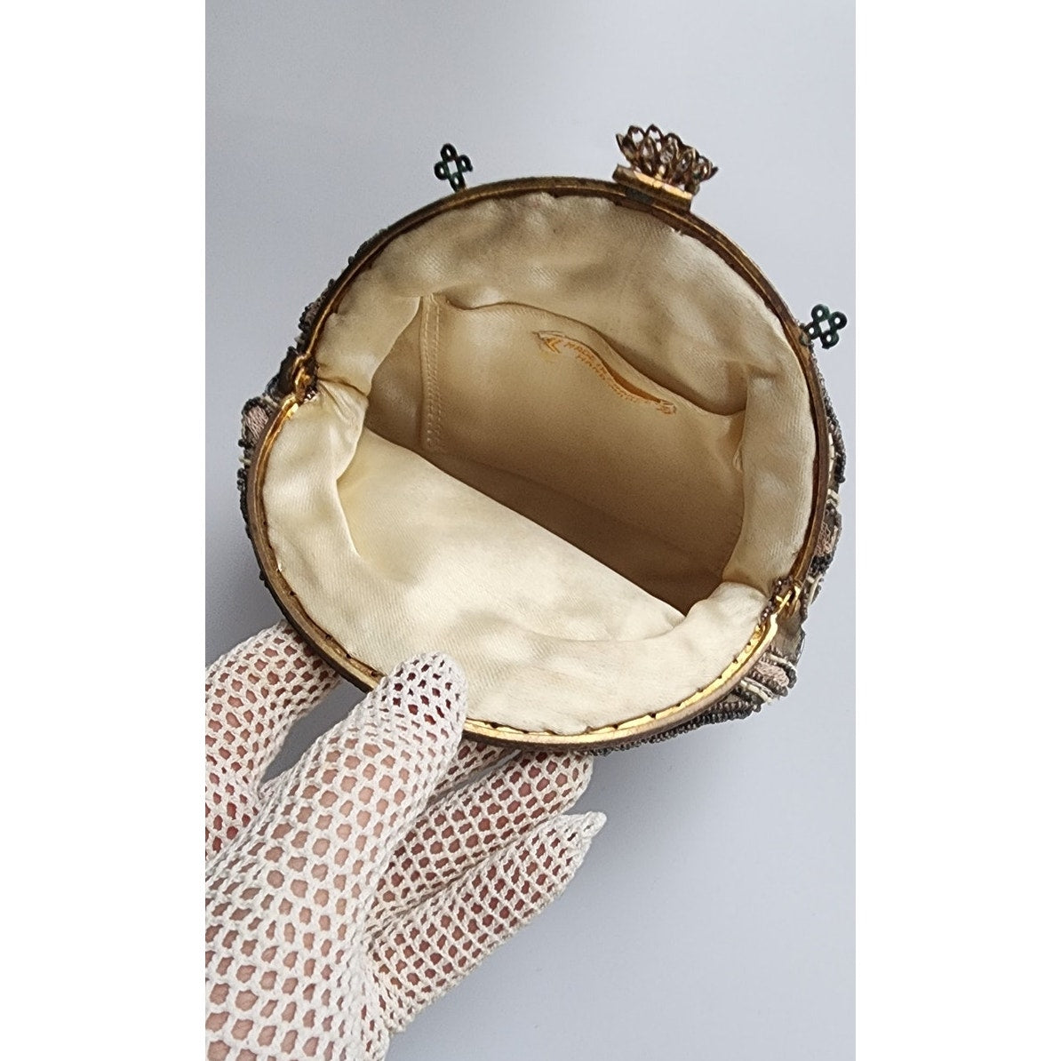 Antique 20s French Beaded Bag Round Art Nouveau Embroidered Purse