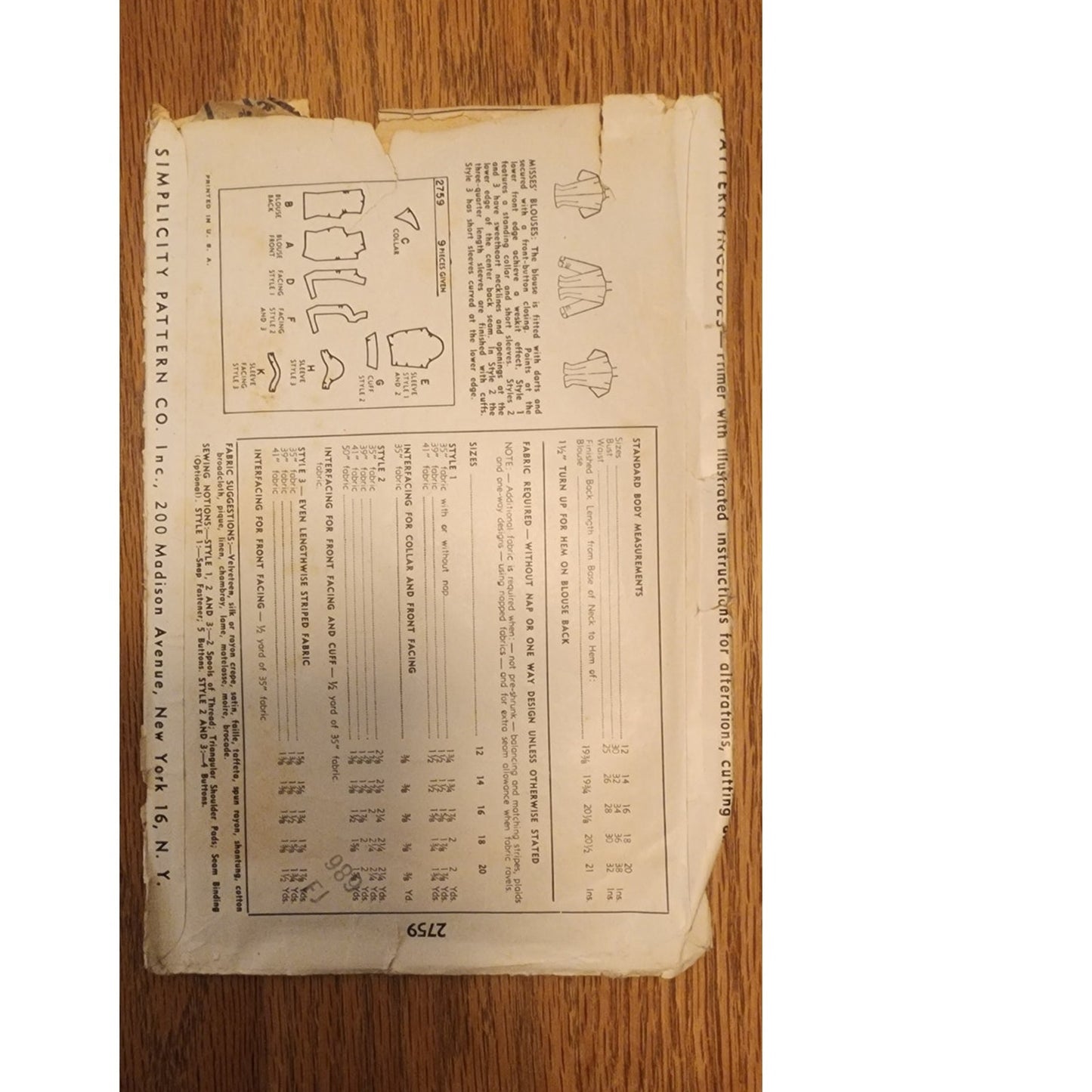 Vintage 1940s Sewing Pattern ORIGINAL:  Ladies Blouses Simplicity 2759