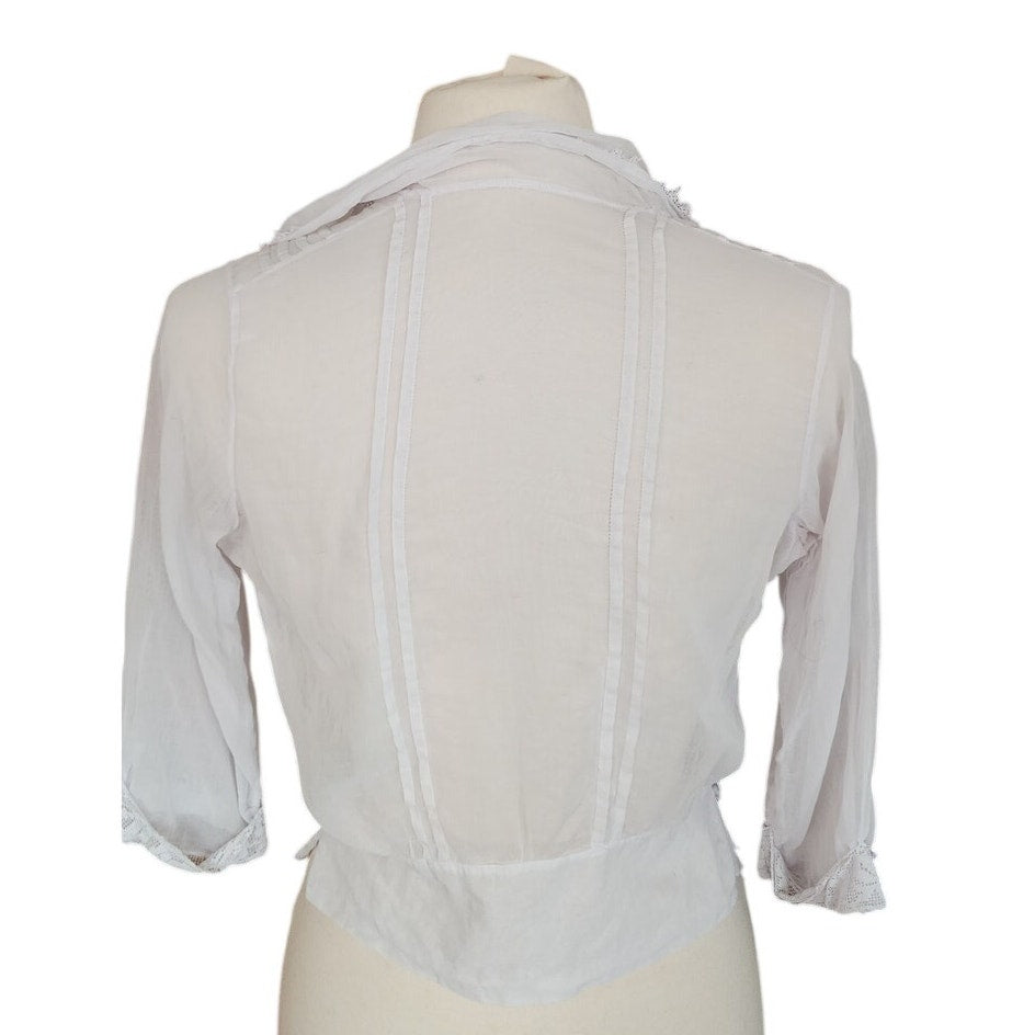 Antique Edwardian Blouse White Cotton Lace Embroidery Sailor Collar / S