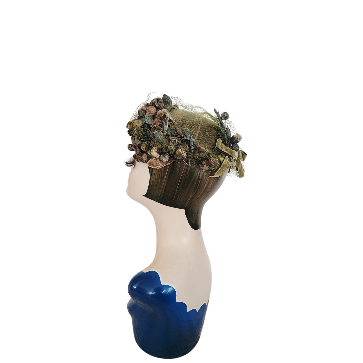Vintage 1950s Green Hat Floral Fruit Crown Circlet Fascinator w/Veil by Chapette